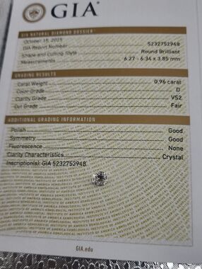 .96CT GIA Certified Round Cut Loose Diamond D Color VS2 Clarity